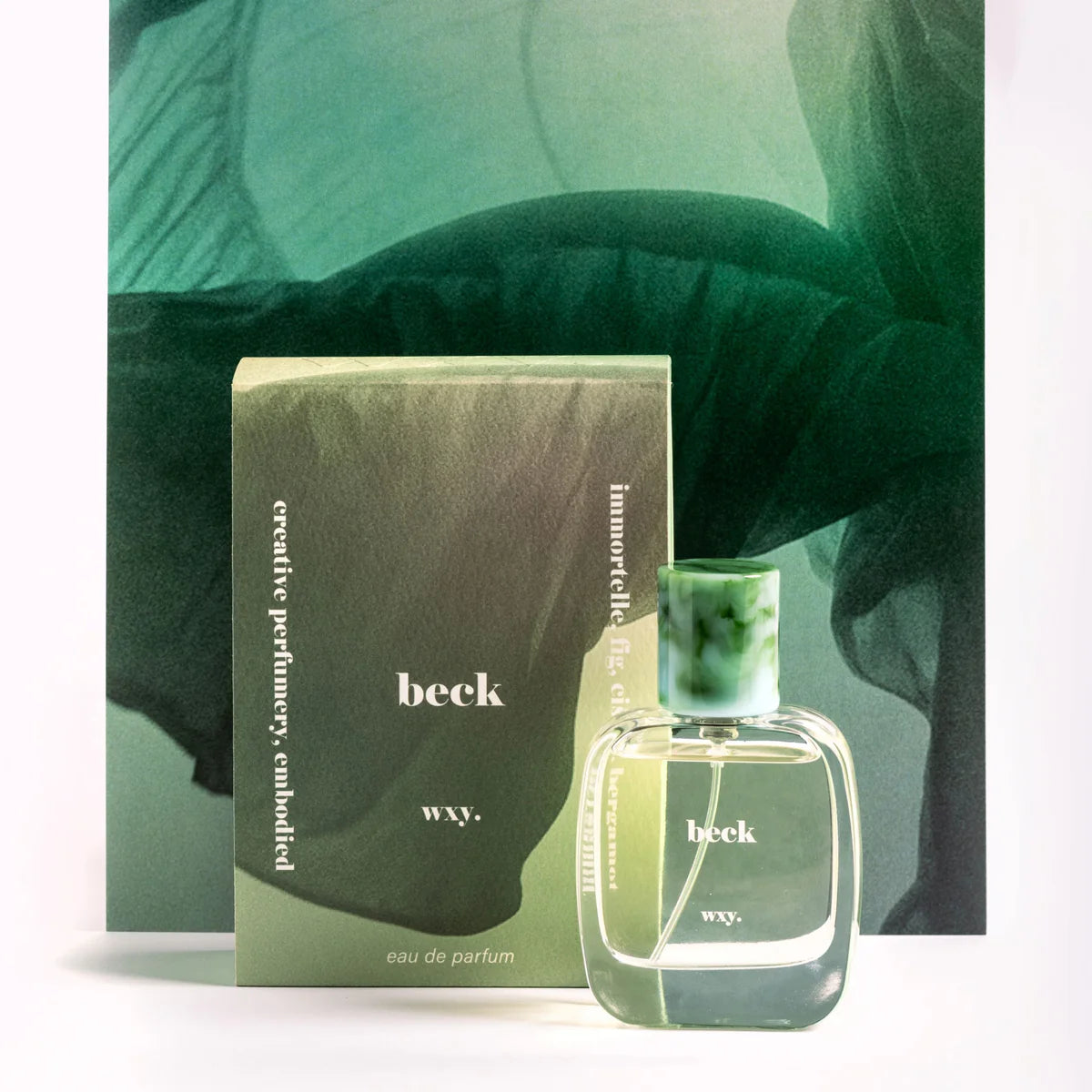 Beck Eau de Parfum 50ml bottle — minimalist fragrance packaging for a green woody perfume featuring fig leaf, sandalwood, and bergamot notes