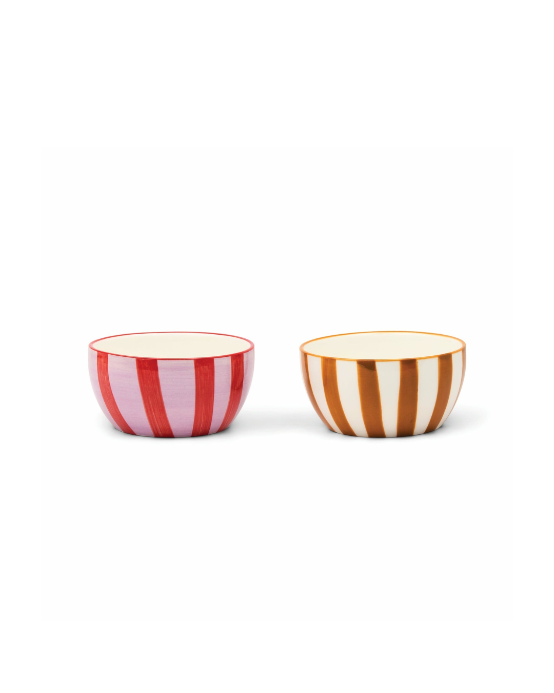Bella Ceramic Dipping Bowls set of 2 in striped pink & red and ochre & off-white – ideal for dips, sauces, small bites, and gift-ready packaging