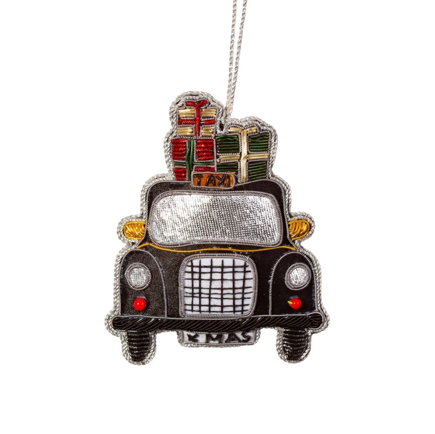 Black London taxi Christmas decoration with presents, velvet and jeweled finish, silver hanging string, perfect festive ornament for London lovers.