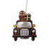 Black London taxi Christmas decoration with presents, velvet and jeweled finish, silver hanging string, perfect festive ornament for London lovers.