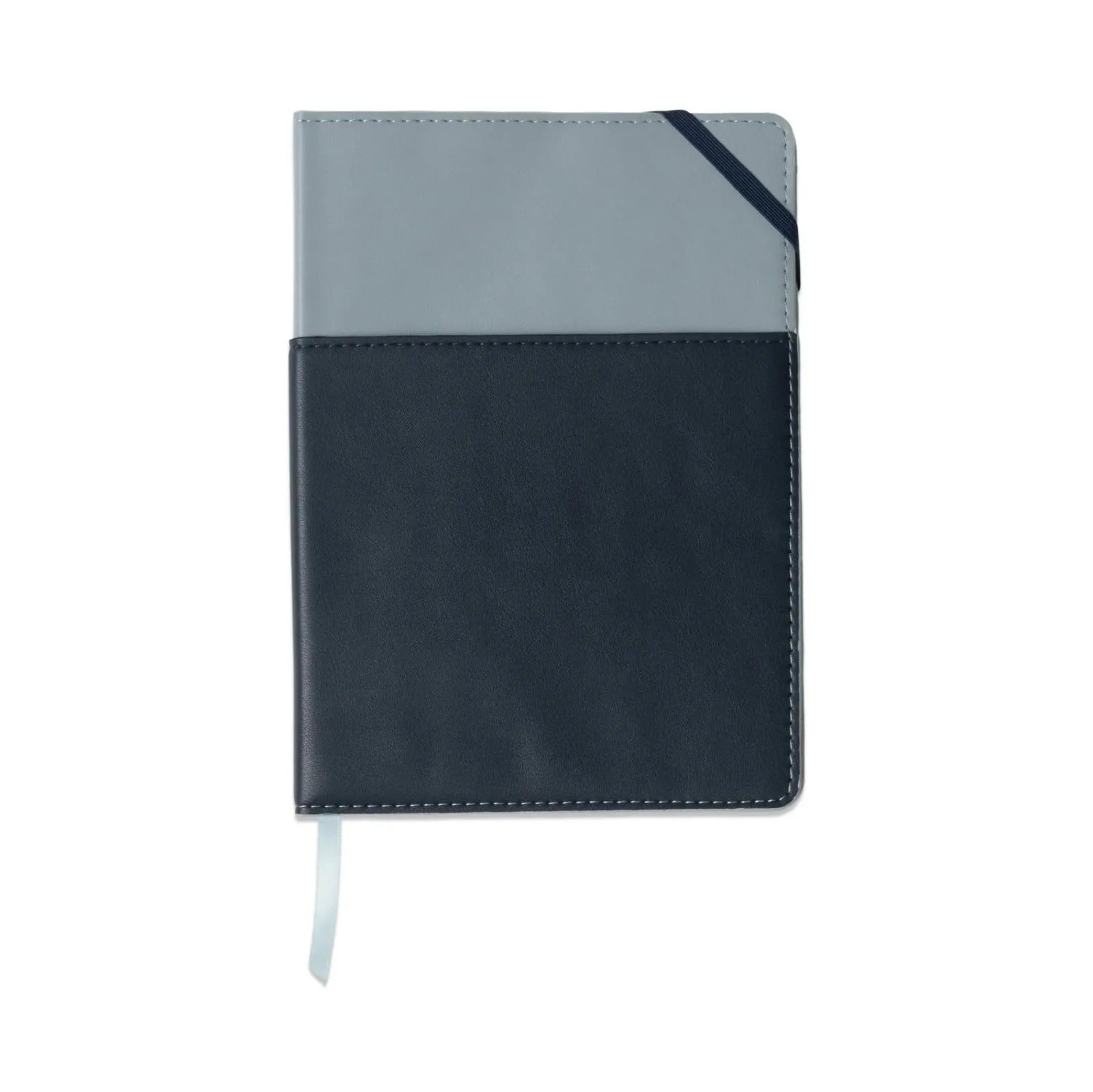 cover in Blue & Navy, wrap-around pocket, elastic closure, satin ribbon marker, 192 ruled pages, eco-friendly soy ink paper