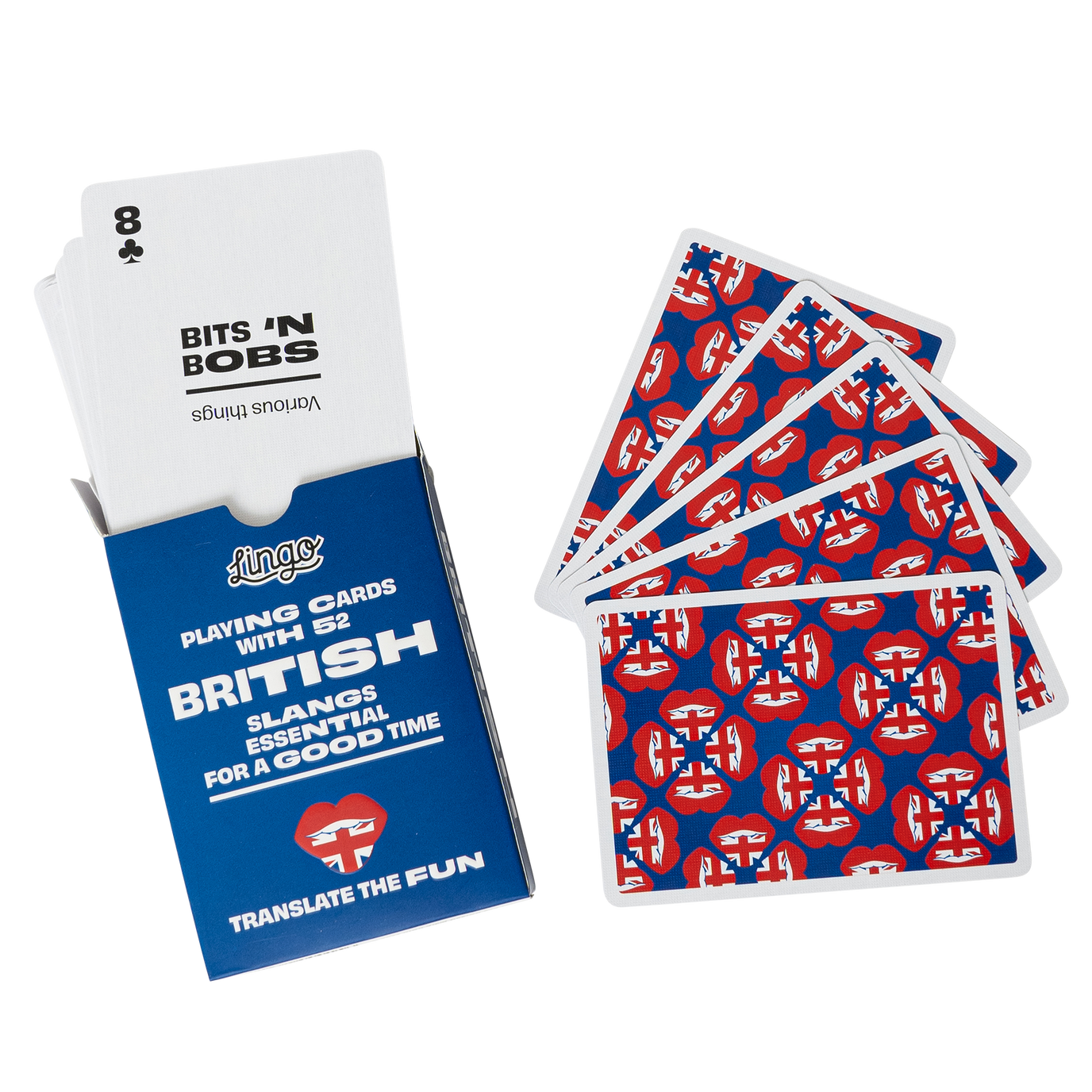 Playing cards with British slang design and  packaging on a white background