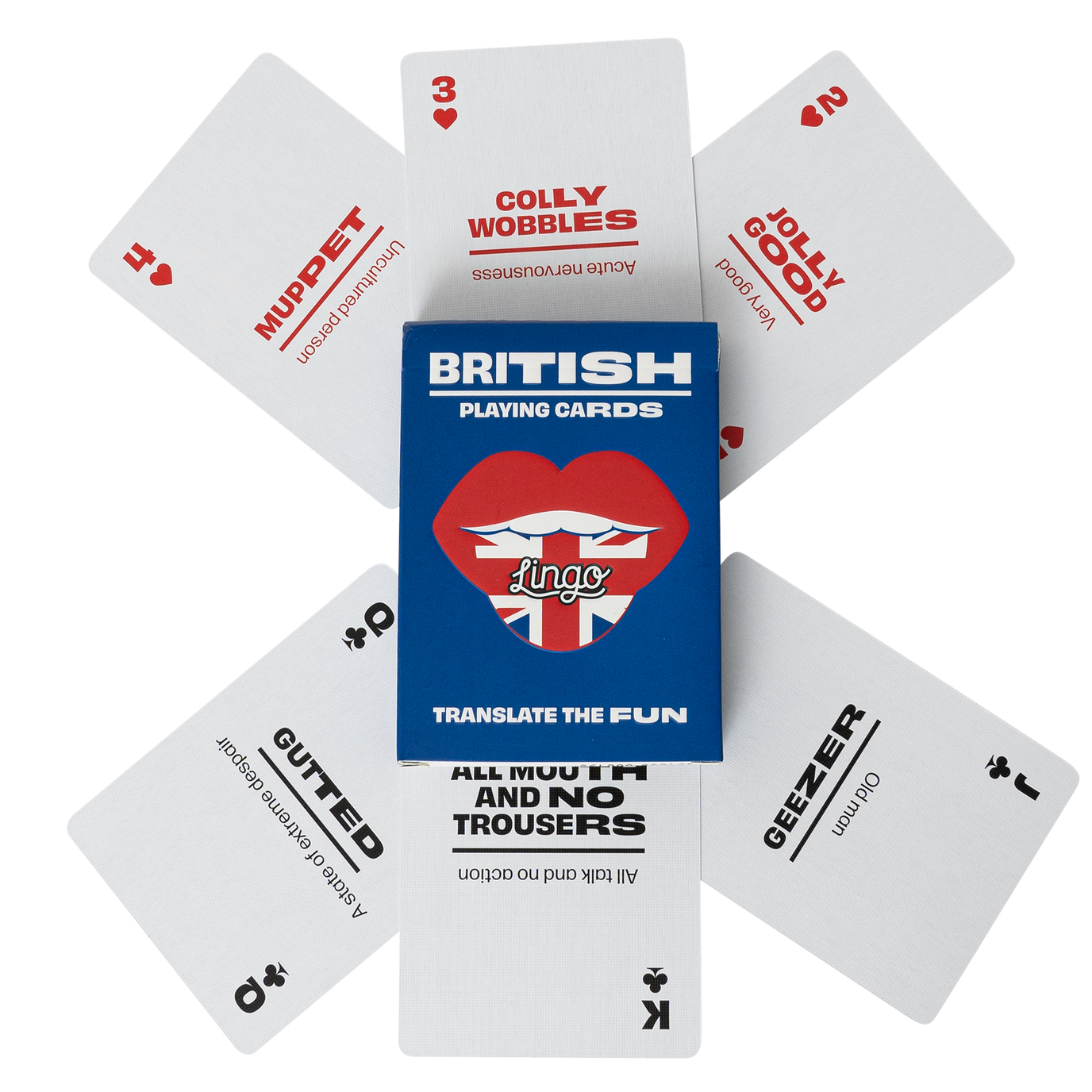 Playing cards with British-themed text and a deck of cards displayed.