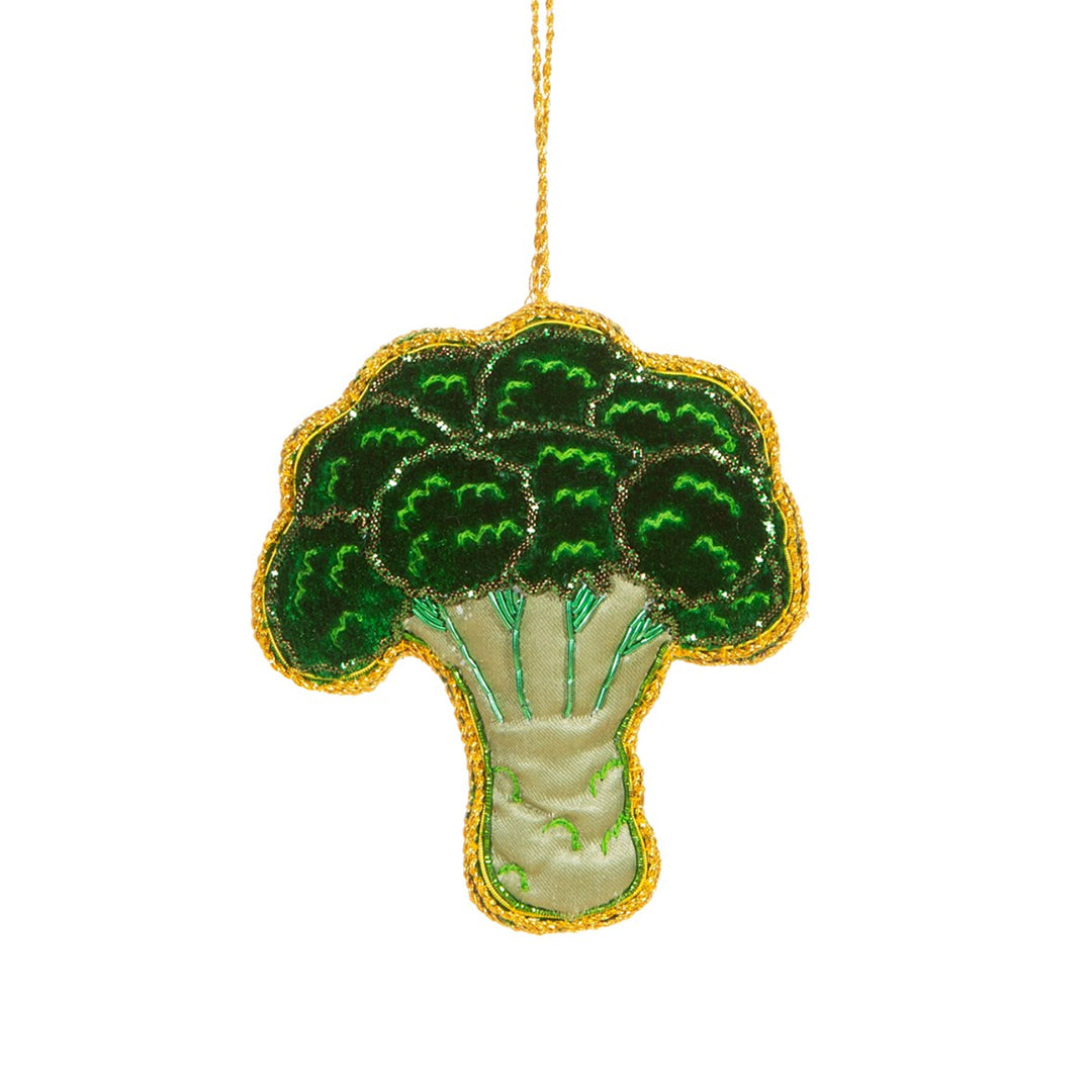 Zari Broccoli Christmas Decoration, handmade festive ornament with lush greens, beading, and sequins, perfect for food lovers and Christmas tree décor