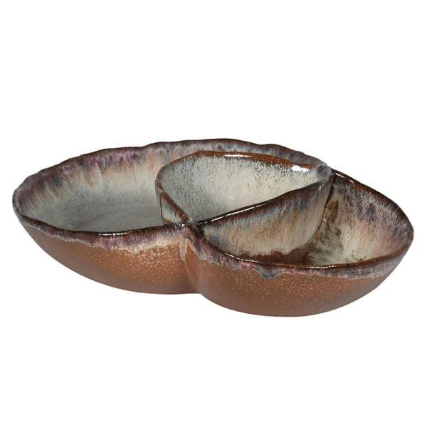 Side View of the Brown Ombré stoneware plate with built-in dip pot – rustic serving bowl and decorative tableware.