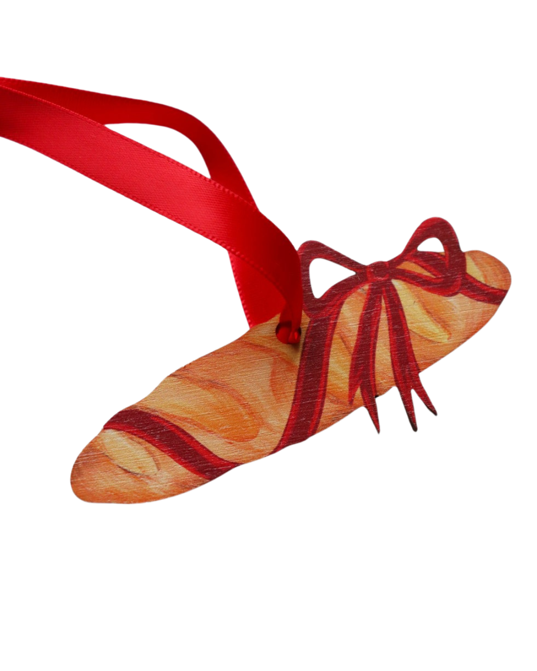 Baguette wooden Christmas decoration with pink or red ribbon, vegan-friendly, sustainable foodie ornament for Christmas tree