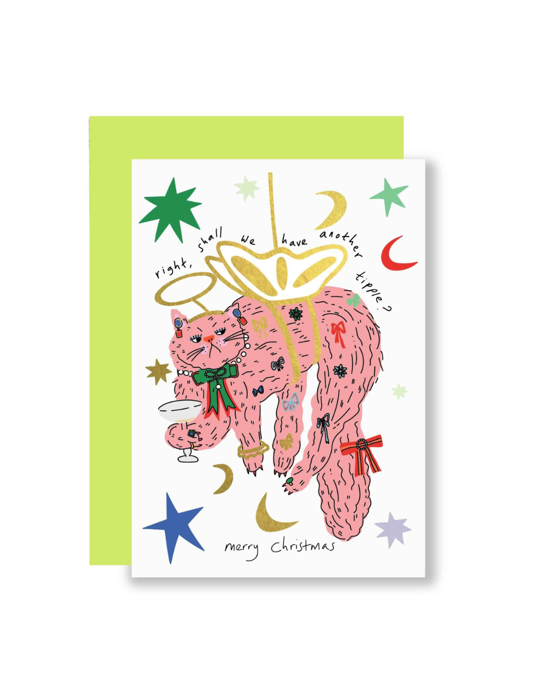 Christmas card featuring a fabulous angel cat in a playful pickle, with gold foil details and a lime green envelope, printed on FSC-certified premium paper