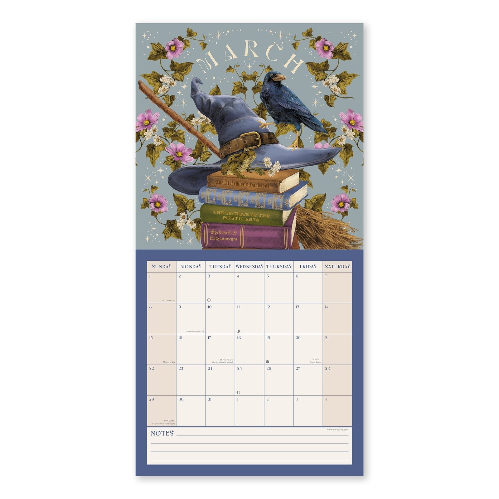 Witchcraft Calendar 2026 open to March featuring books, bird, witch’s broom, witch’s hat, and flowers on a light blue background.