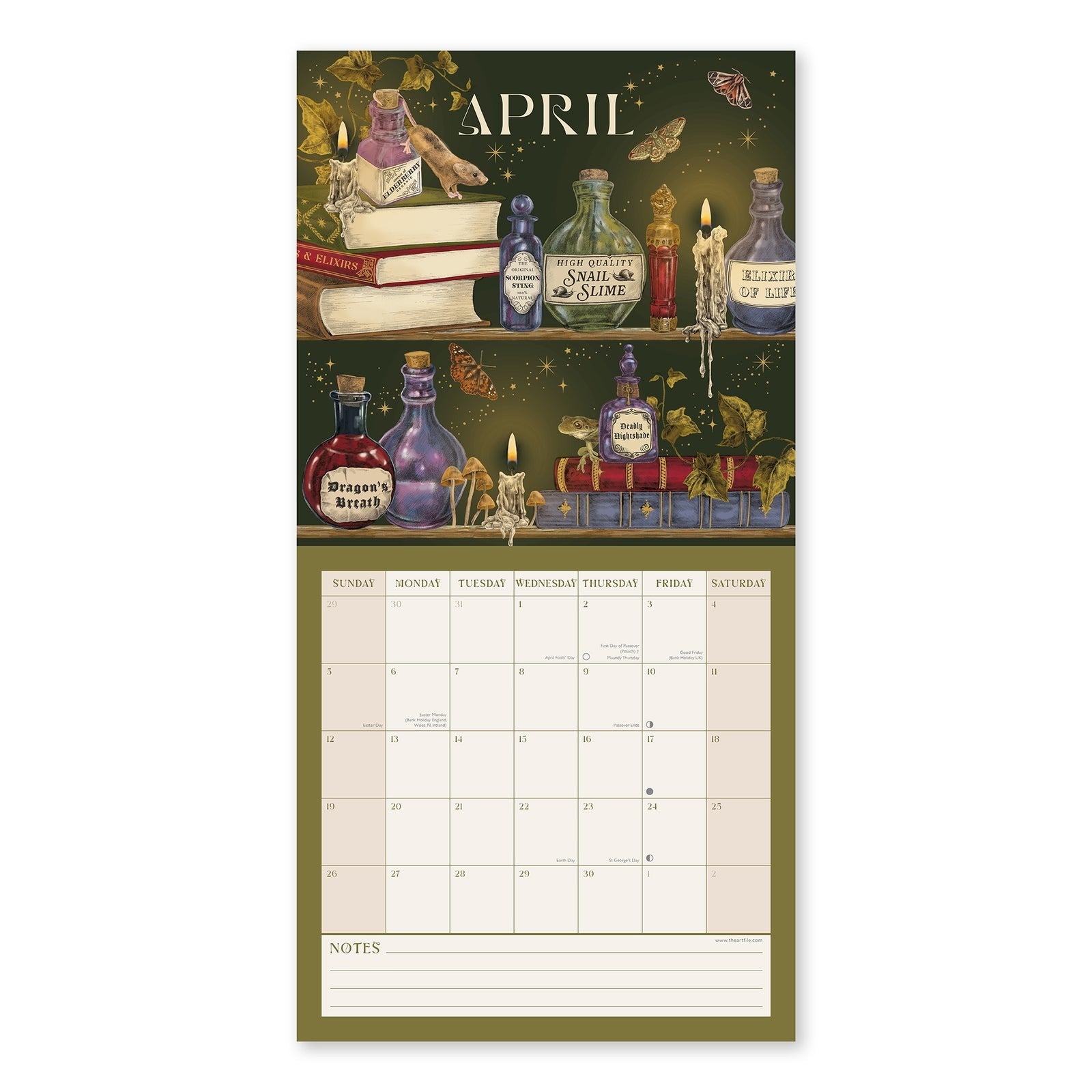 Witchcraft Calendar 2026 open to Aprin featuring potions, book on shelves.