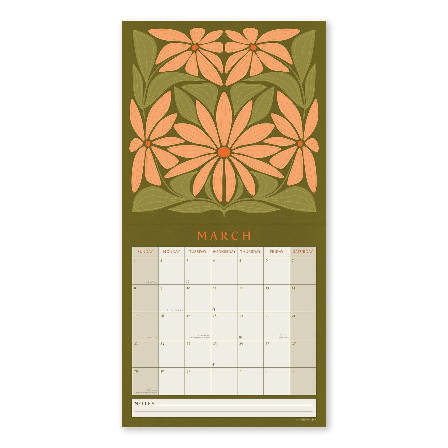 Floral design calendar for March on a green background