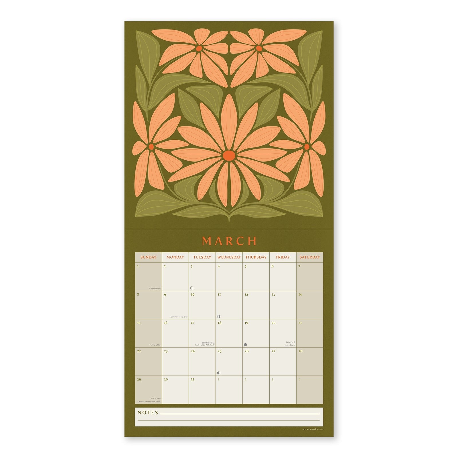 Floral design calendar for March on a green background