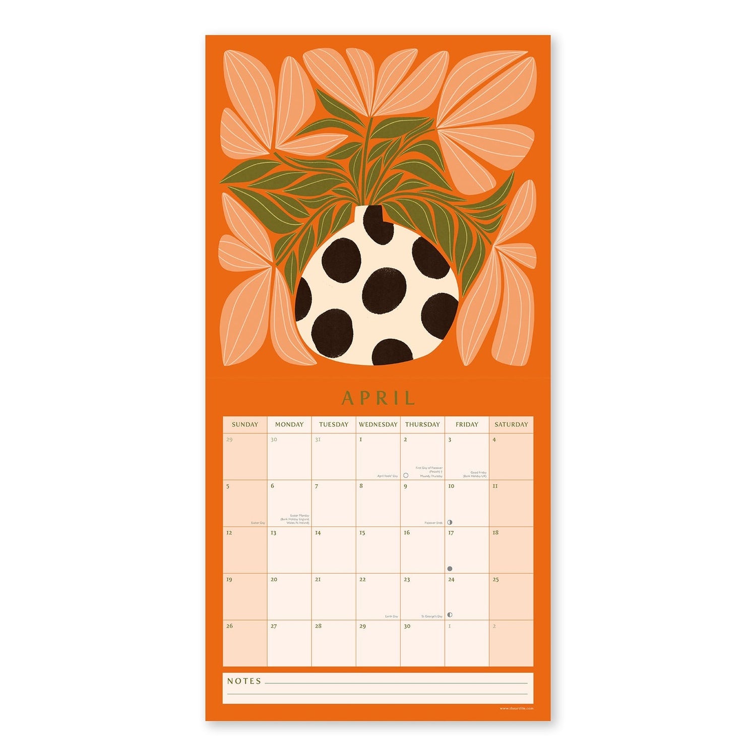 Calendar feautirng April Page with floral design on an orange background