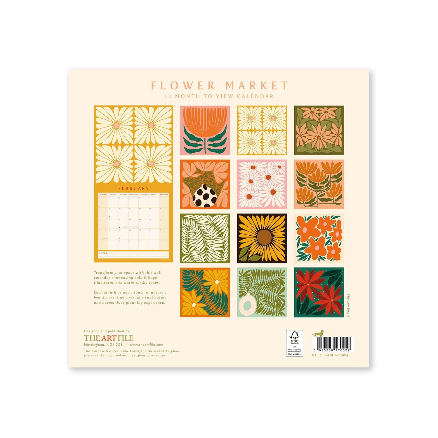 Back view of the Flower Market Calendar 2026 featuring bold foliage illustrations in warm earthy tones, UK public holidays, moon phases, and major religious observances, wall décor