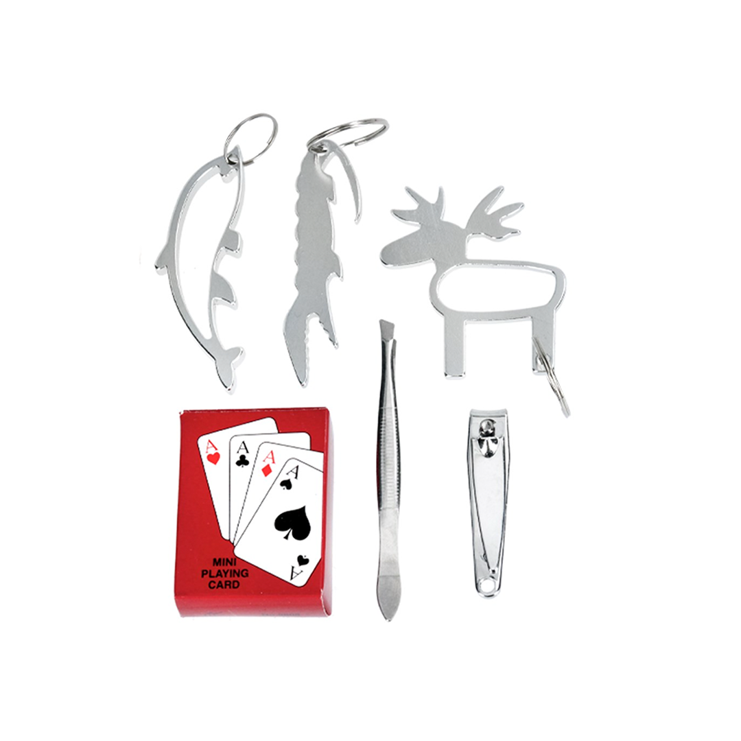 The Inside of the Luxury Christmas Cracker Box:  silver animal-shaped bottle openers, stainless steel nail clippers, precision tweezers, mini playing cards, and keychain attachments, perfect for festive gifting and travel.