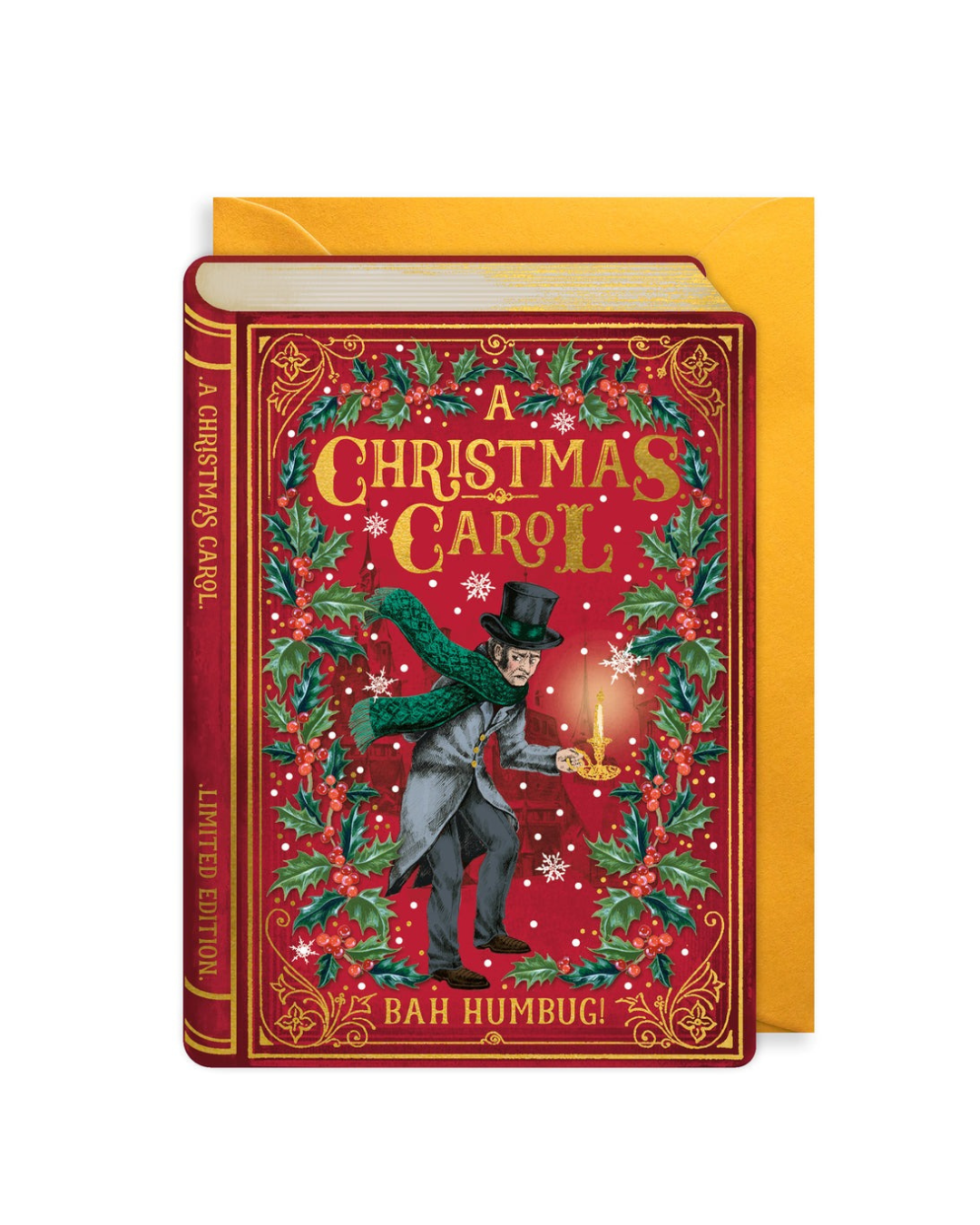 A Christmas Carol Storybook Card featuring Ebenezer Scrooge, embossing, die-cut details, gold foil, 120x170mm, gold envelope, blank inside, sustainably sourced, made in the UK