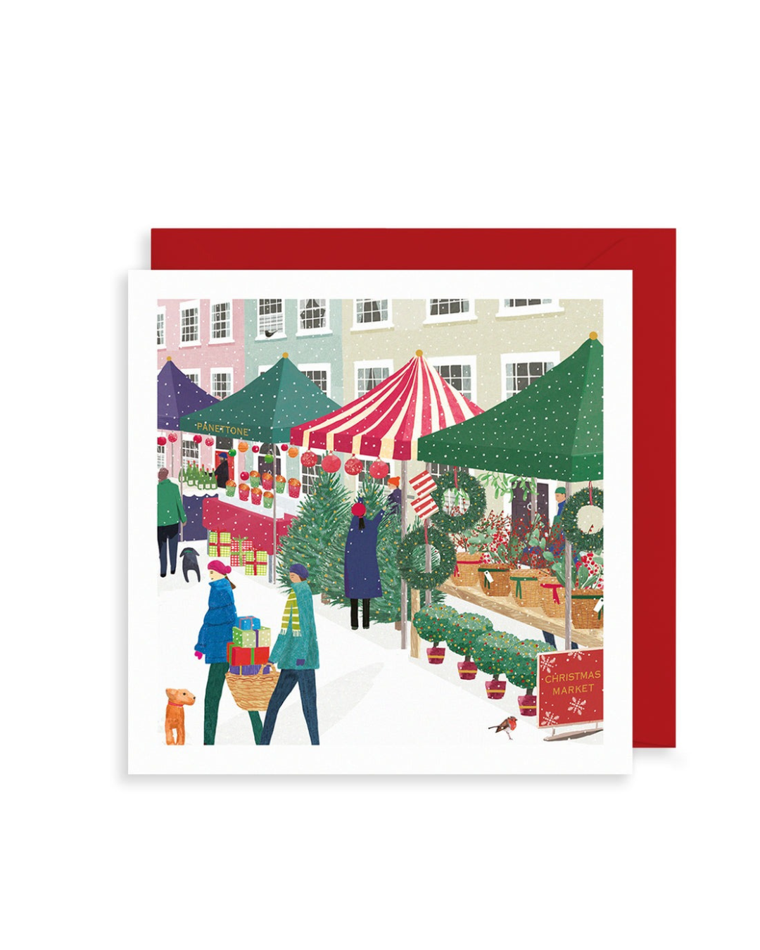 Winter High Street Bauble Shop Christmas Card featuring a festive snowy street scene with gold foil details and red envelope