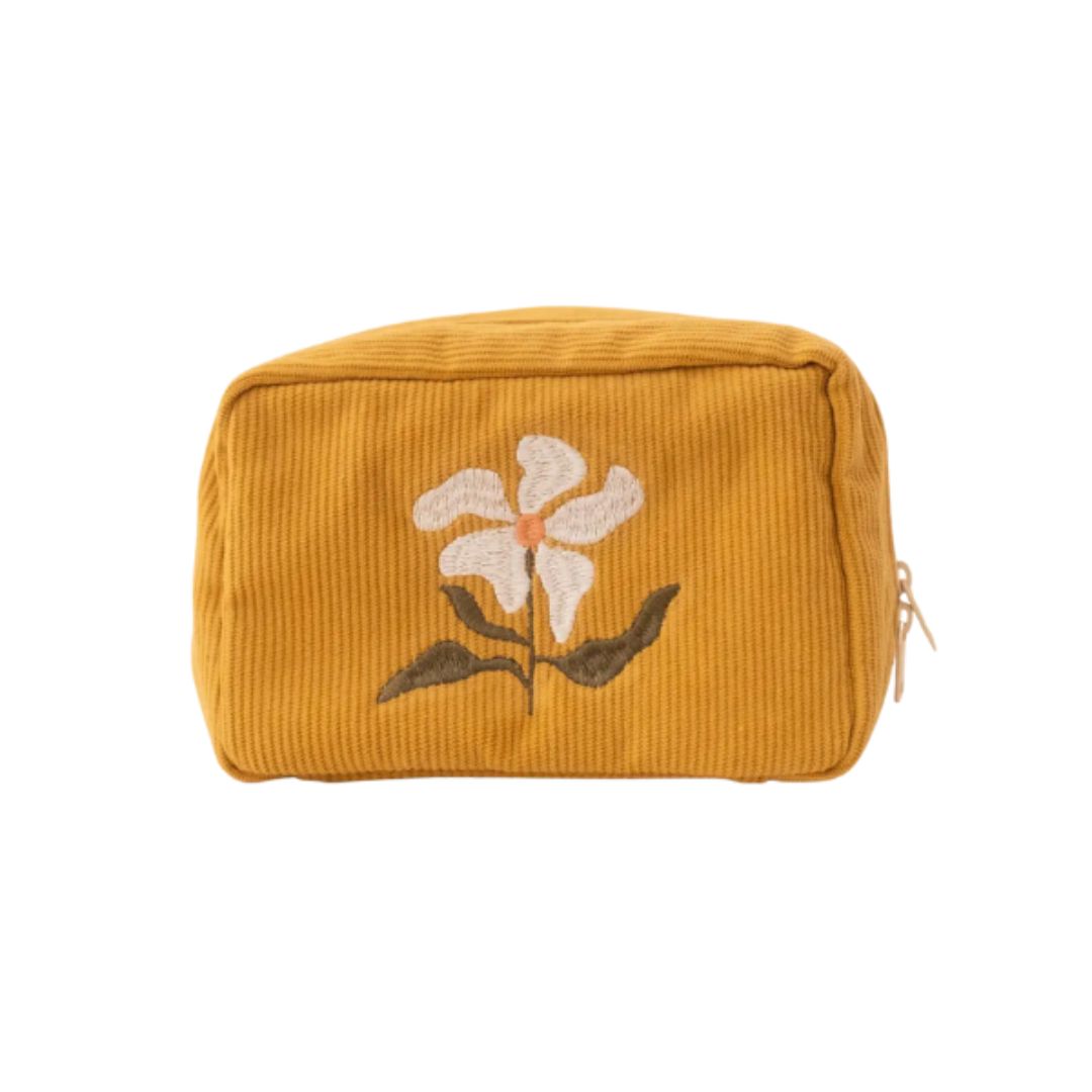 yellow pouch with embroidered marigold design on the front, displayed against a white background