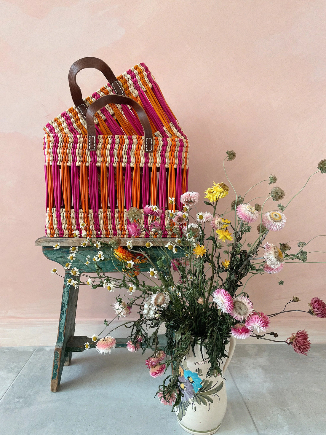 Decorative Reed Basket Pink & Orange Stripe