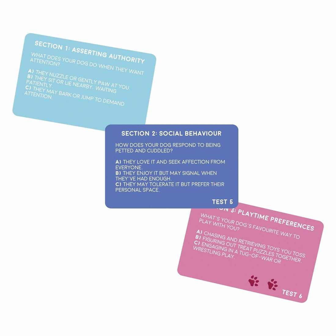 Dog Personality Test card game – 100 eco-friendly question cards for dog lovers to discover their pet’s unique personality traits on a white background