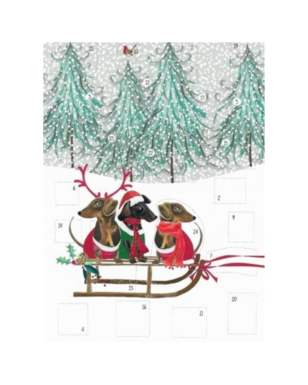 Dogs On Sleigh Advent Cardwith 24 windows, textured board, recyclable packaging, blank inside, designed and made in the UK.