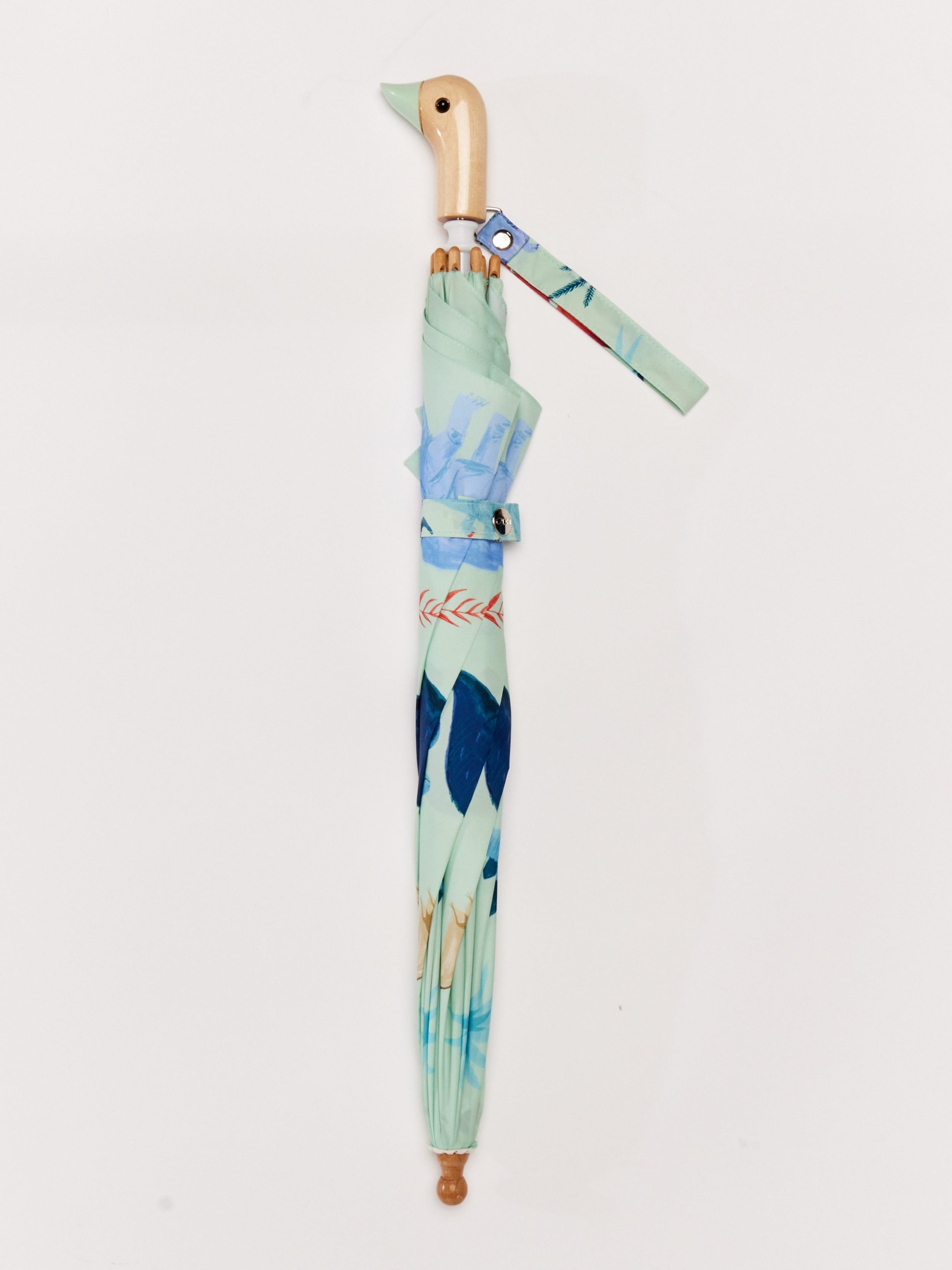 Colorful umbrella with a wooden duck head handle on a white background