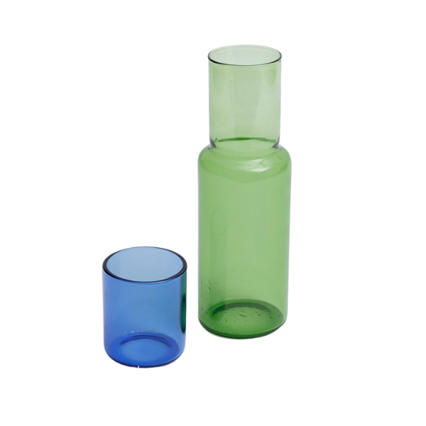 Duo Tone Green Glass Carafe Set and Blue Tumbler