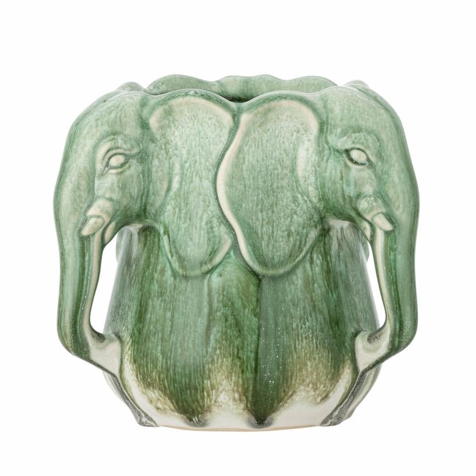 side view od the Handcrafted stoneware vase with sculptural elephant heads and green glaze