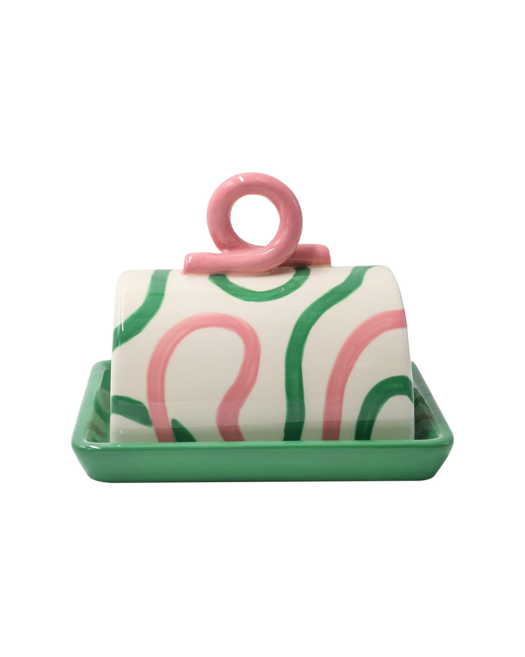 Qué Rico Emilio Butter Dish in pink, white, and green Rayas Bailarinas pattern with hand-painted ceramic dome