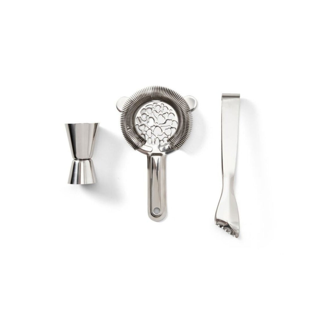 Elegant cocktail set including ice tongs, Hawthorne strainer and jigger