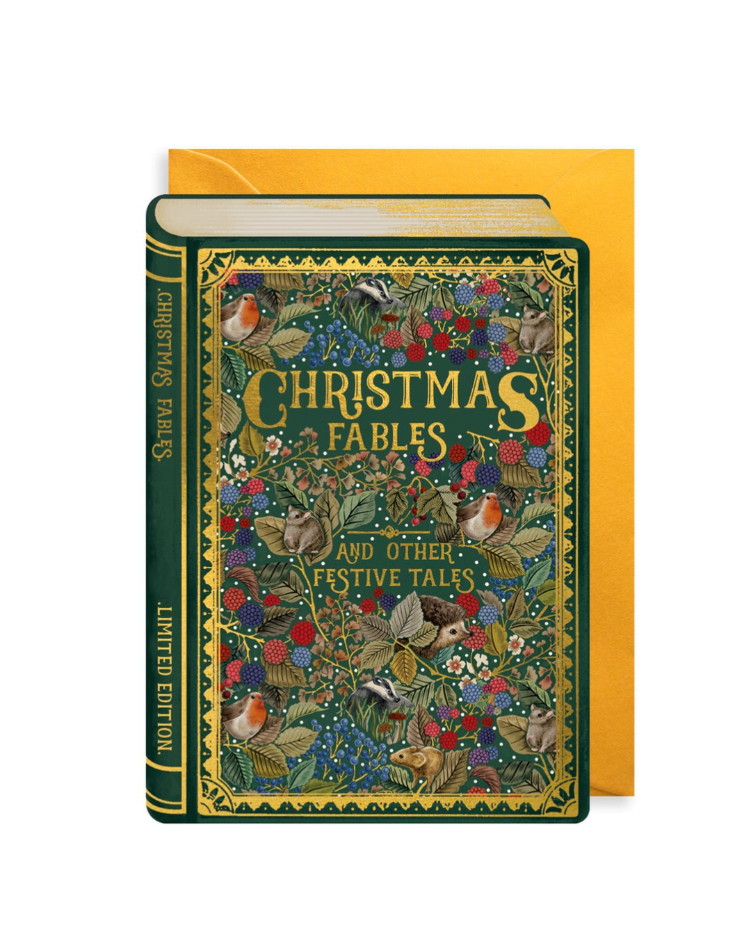Christmas Fables Storybook Card featuring festive botanicals and wildlife, embossing, die-cut details, gold foil, 120x170mm, gold envelope, blank inside, sustainably sourced, made in the UK.