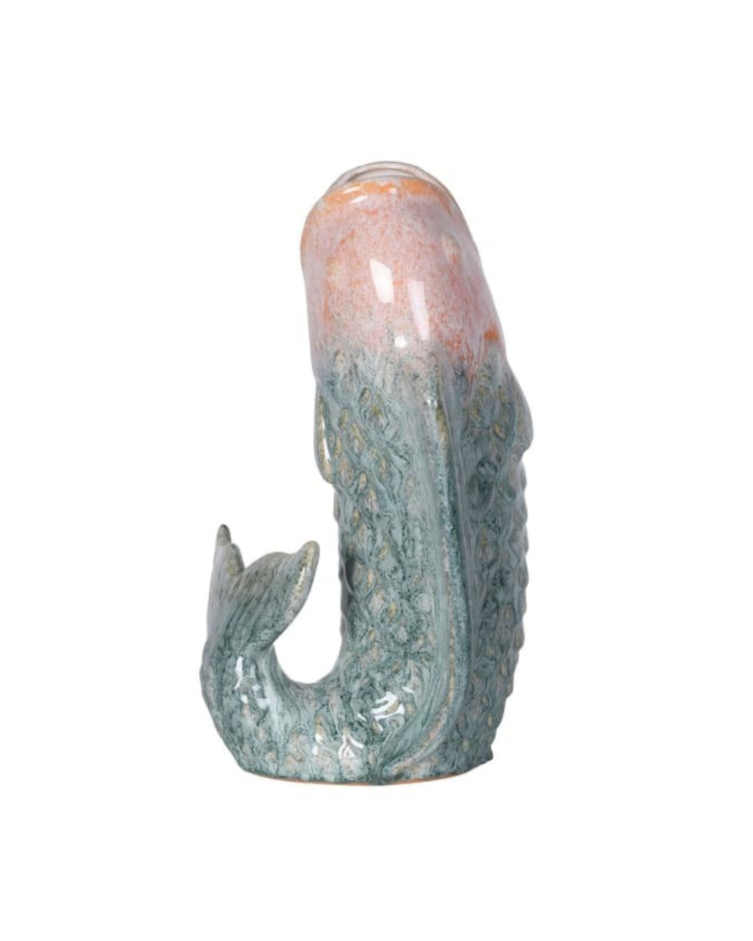 Fornt view of the soft Pink and blue fish-shaped stoneware vase for flowers and home décor