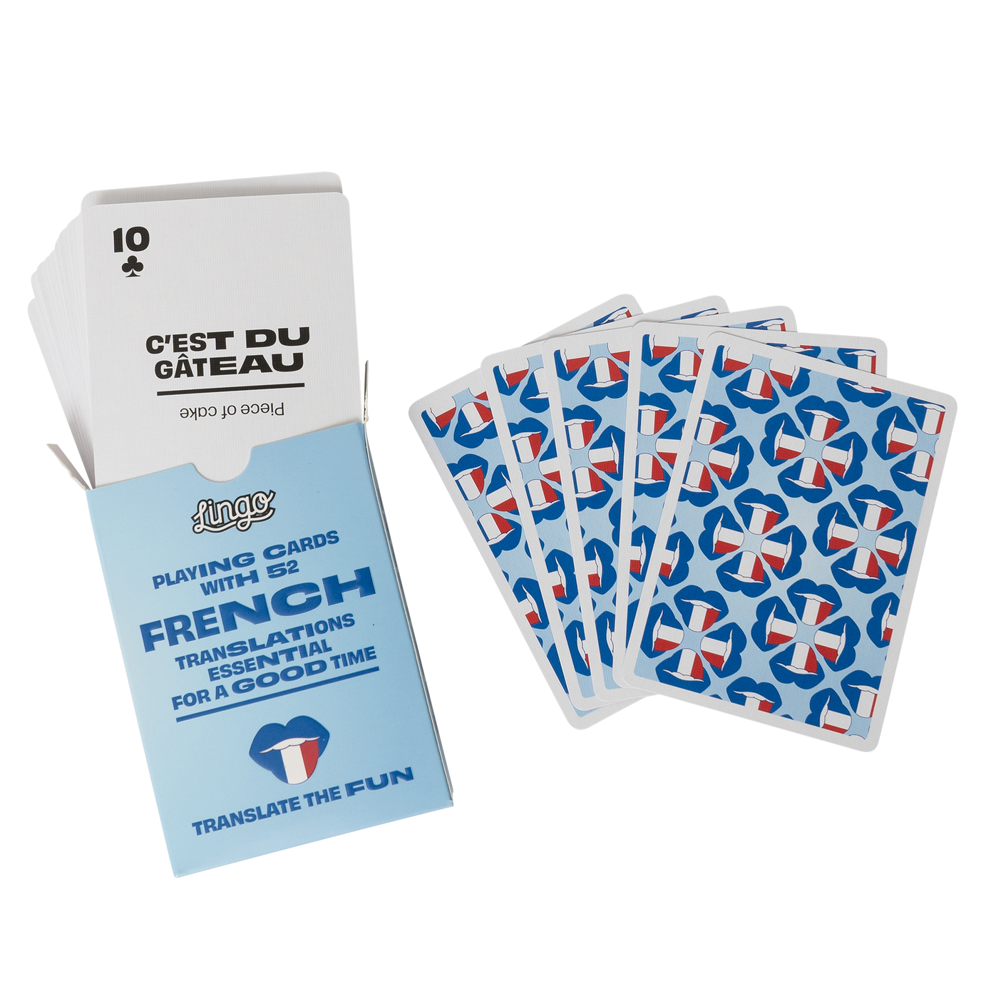 Playing cards with French wrods and english translations in a blue box on a white background