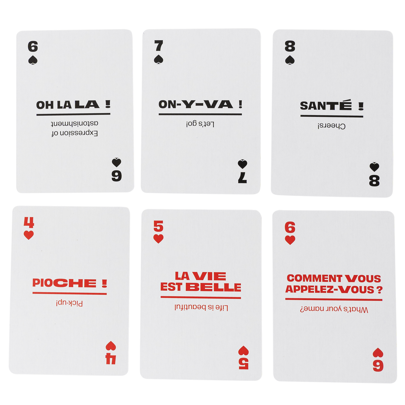 Six playing cards with French phrases and english translation on a white background