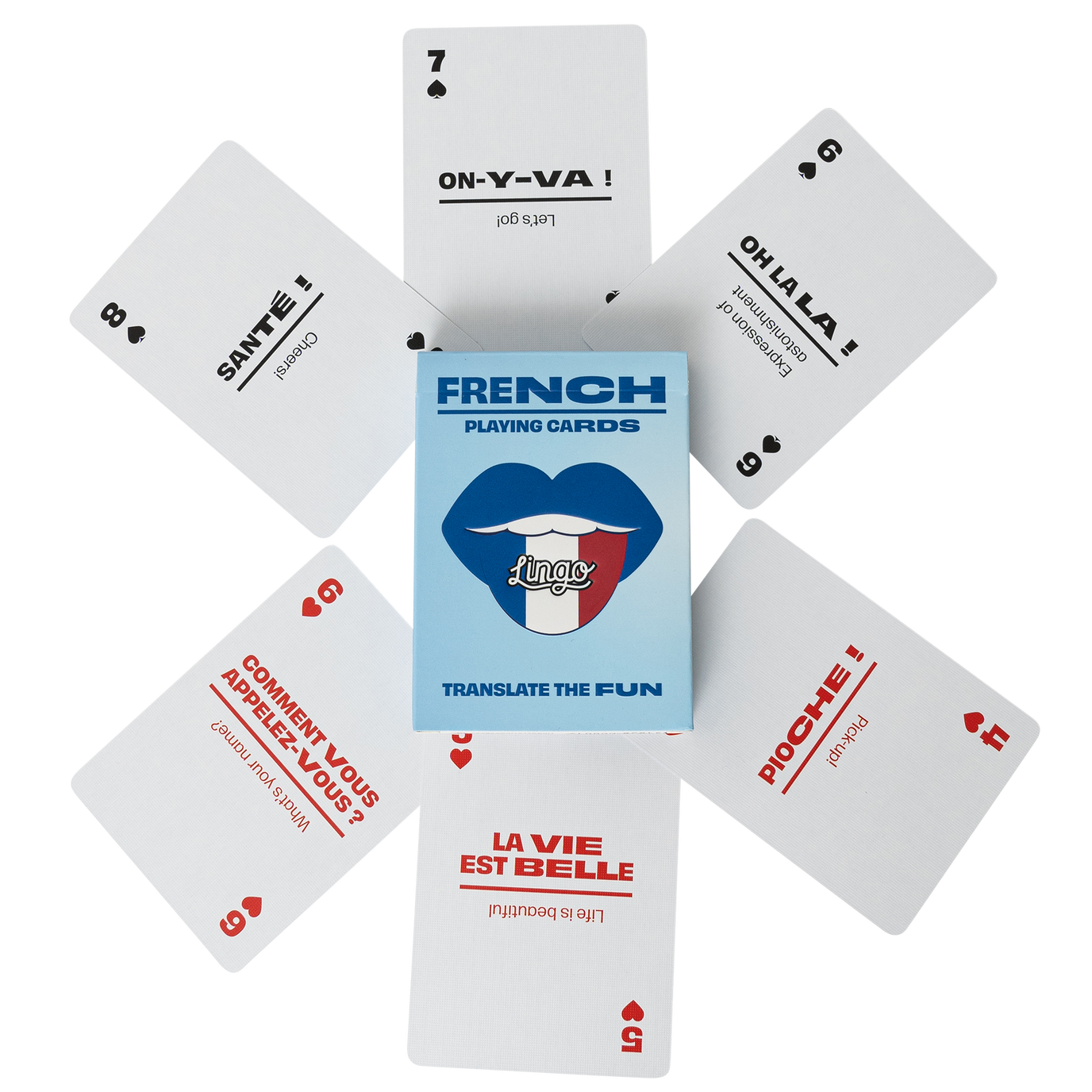 French playing cards with a blue box in the center on a white background