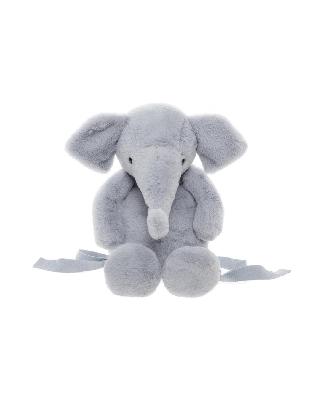 Front View of The Effie Elephant plush backpack in cloudy grey – soft huggable elephant bag for kids, adjustable straps and storage for toys or snacks