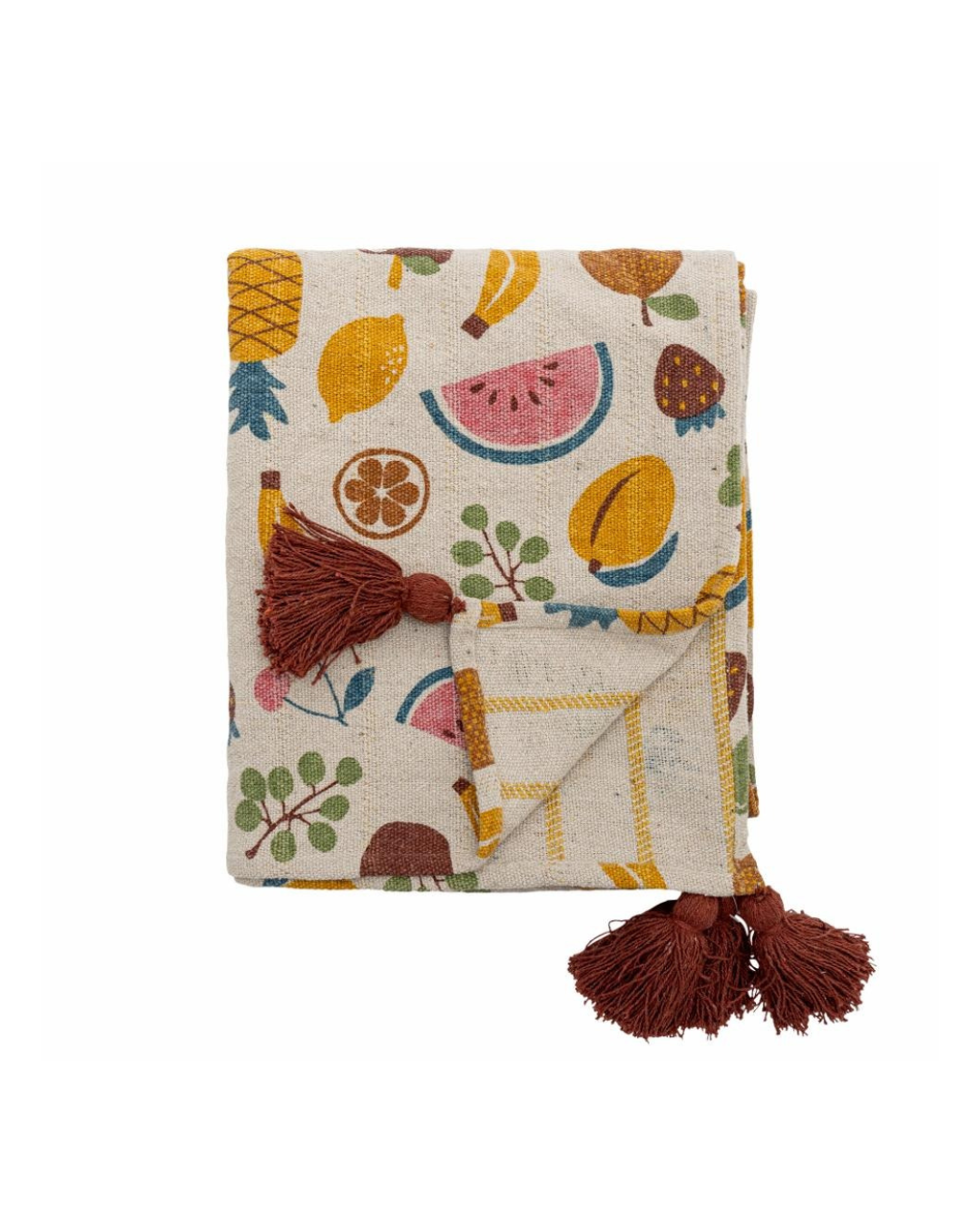 co-friendly recycled cotton blanket with playful fruit pattern”
