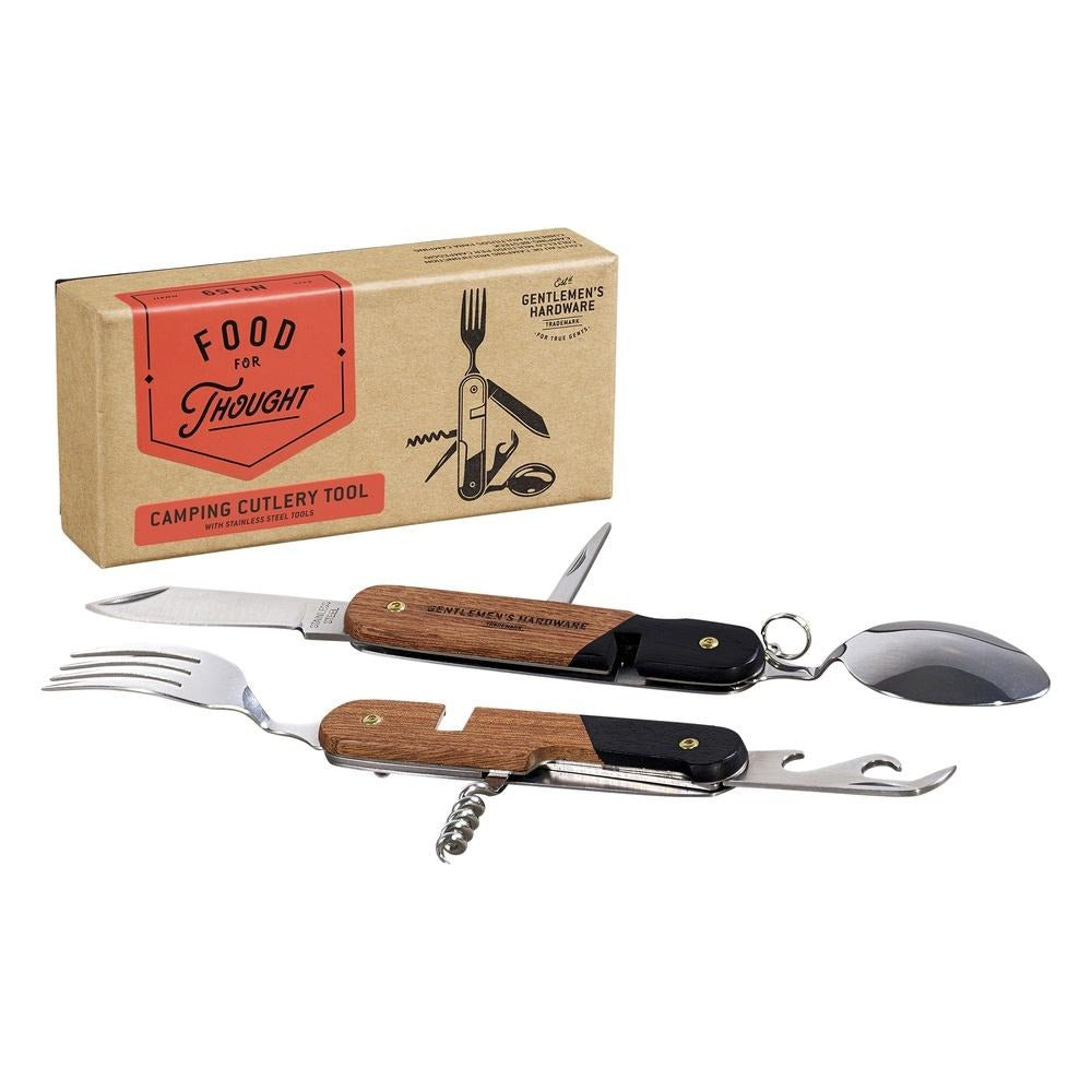 Campfire Multi-Tool with folding stainless steel utensils and wooden handle, shown with eco-friendly cardboard packaging on a white background.