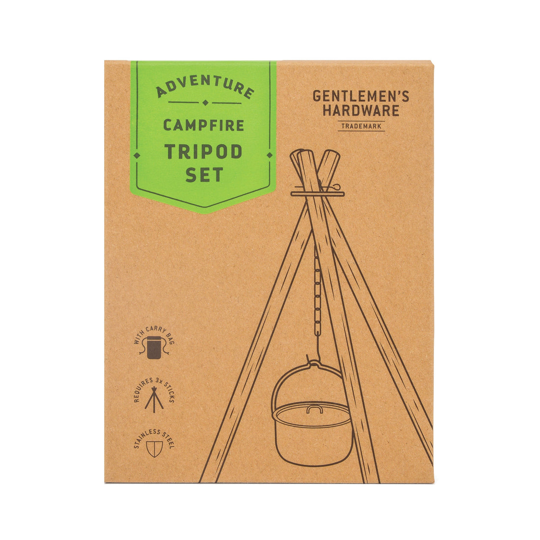 Packaging for a Campfire Tripod Set featuring an illustration of a tripod with a pot hanging from a chain, set against a brown background.
