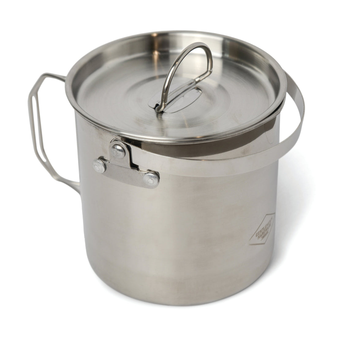 Lightweight compact camping cookware pot with top and side handles and pouring spout, ideal for outdoor cooking and camping.