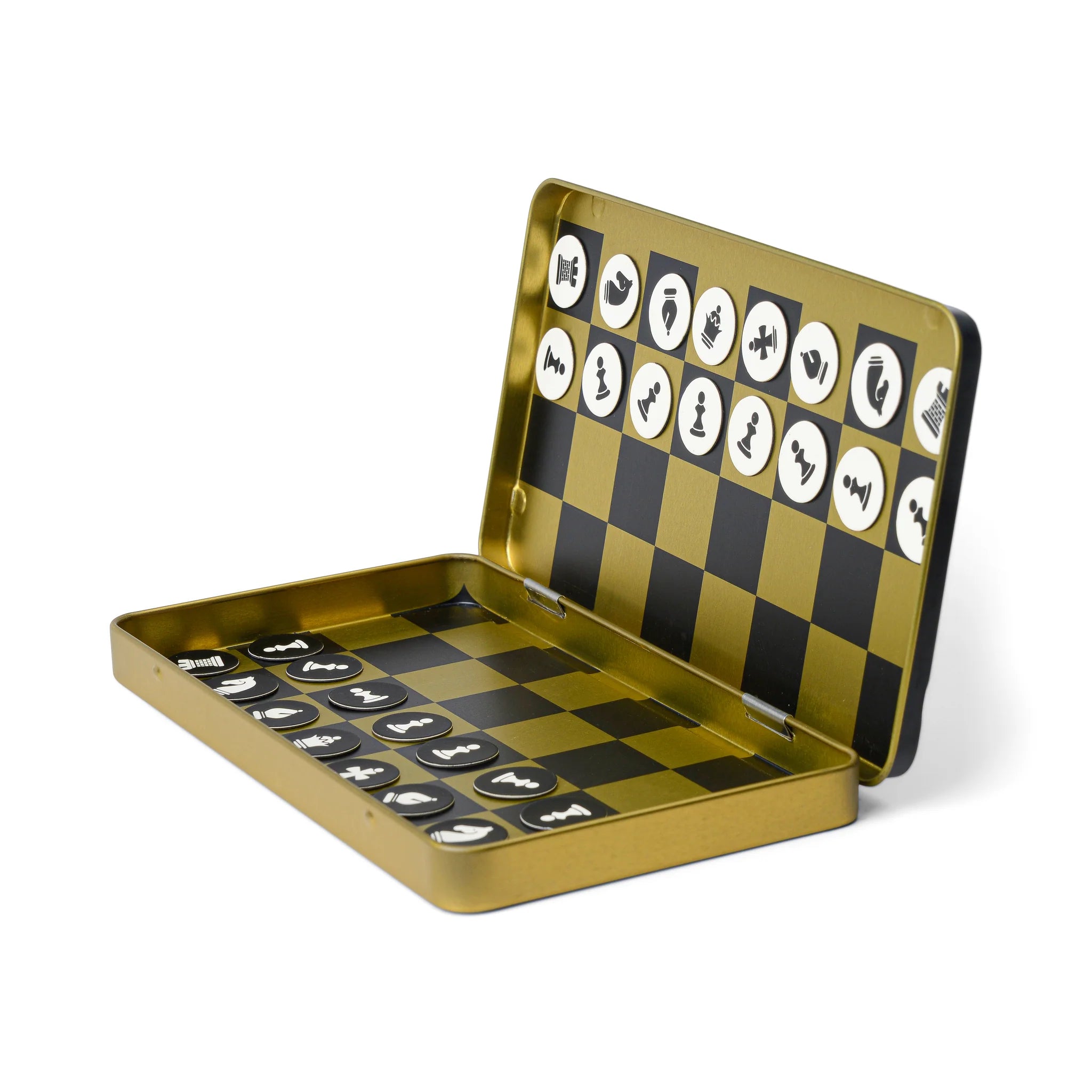 Open Travel Chess Set – Portable magnetic chess board with pieces arranged for play, displayed in a compact tin case, ideal for travel and on-the-go strategy games
