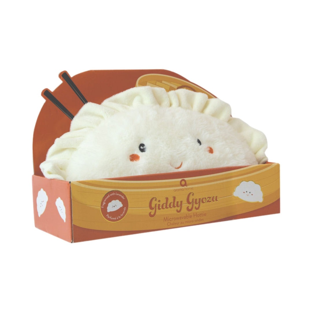 Giddy Gyoza plush snuggle buddy in a box with removable microwaveable pouch, soft gyoza design, perfect for warmth, comfort, and gifts