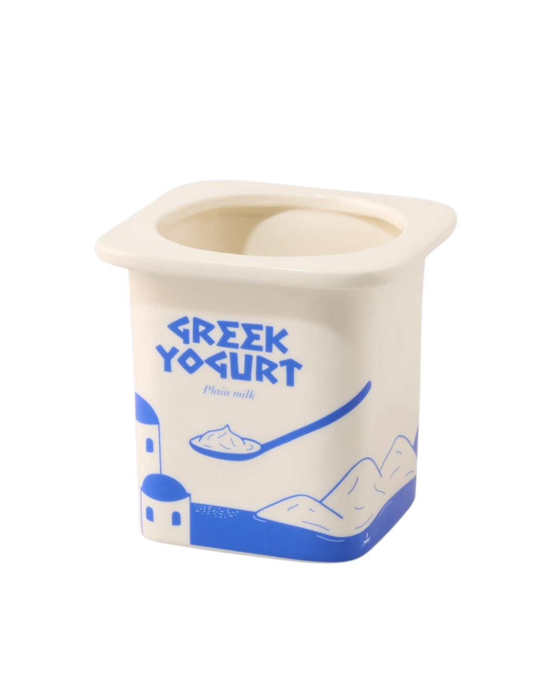 Greek yogurt ceramoic vase with blue text and design on a white background