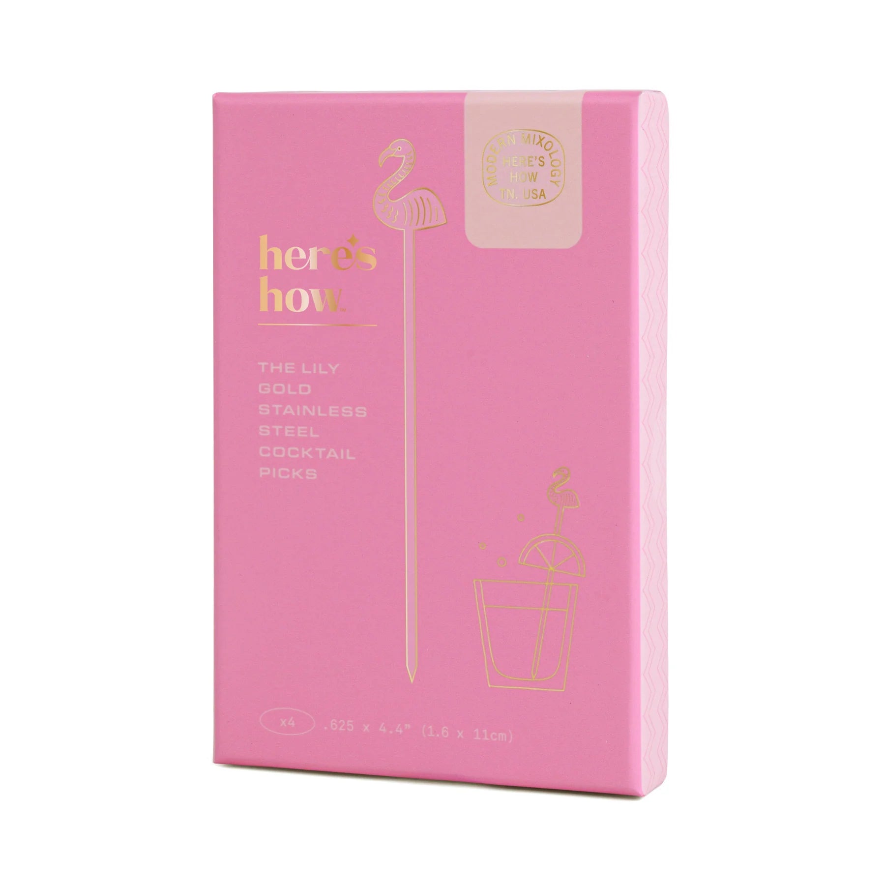 Pink gift box containing set of 4 Lily Flamingo Cocktail Picks on a white background – tropical cocktail accessories