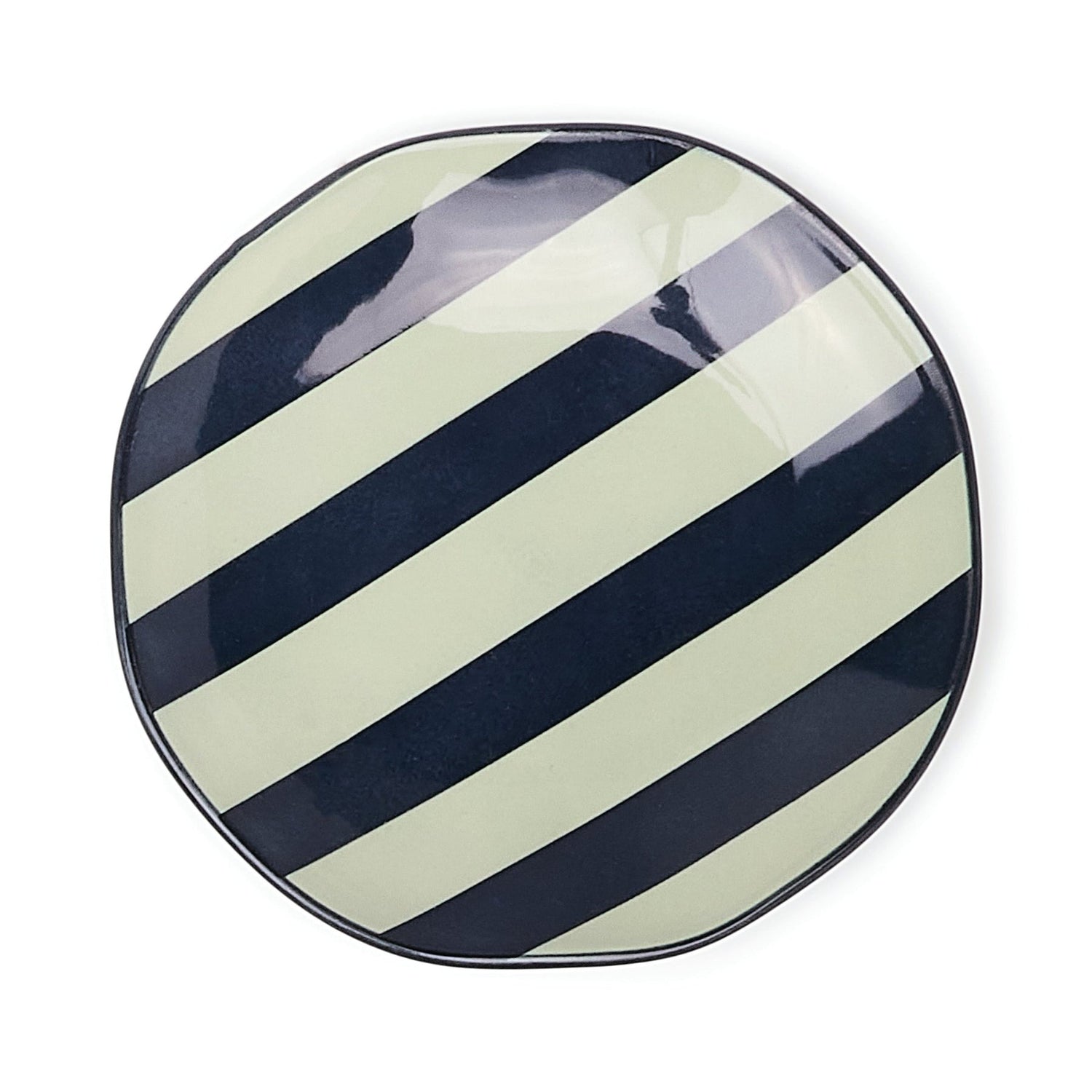 Round Marley Appetizer Plate with black and white striped  on a white background