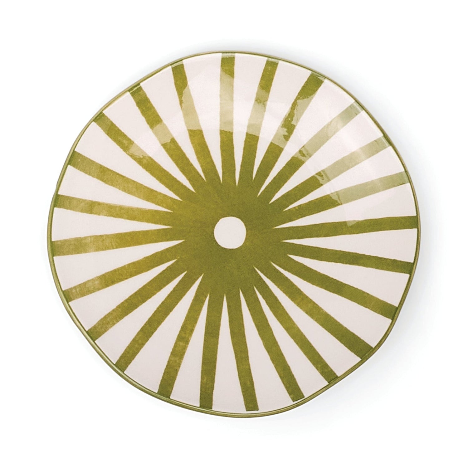 Round Marley Appetizer Plate with olive and white striped  on a white background