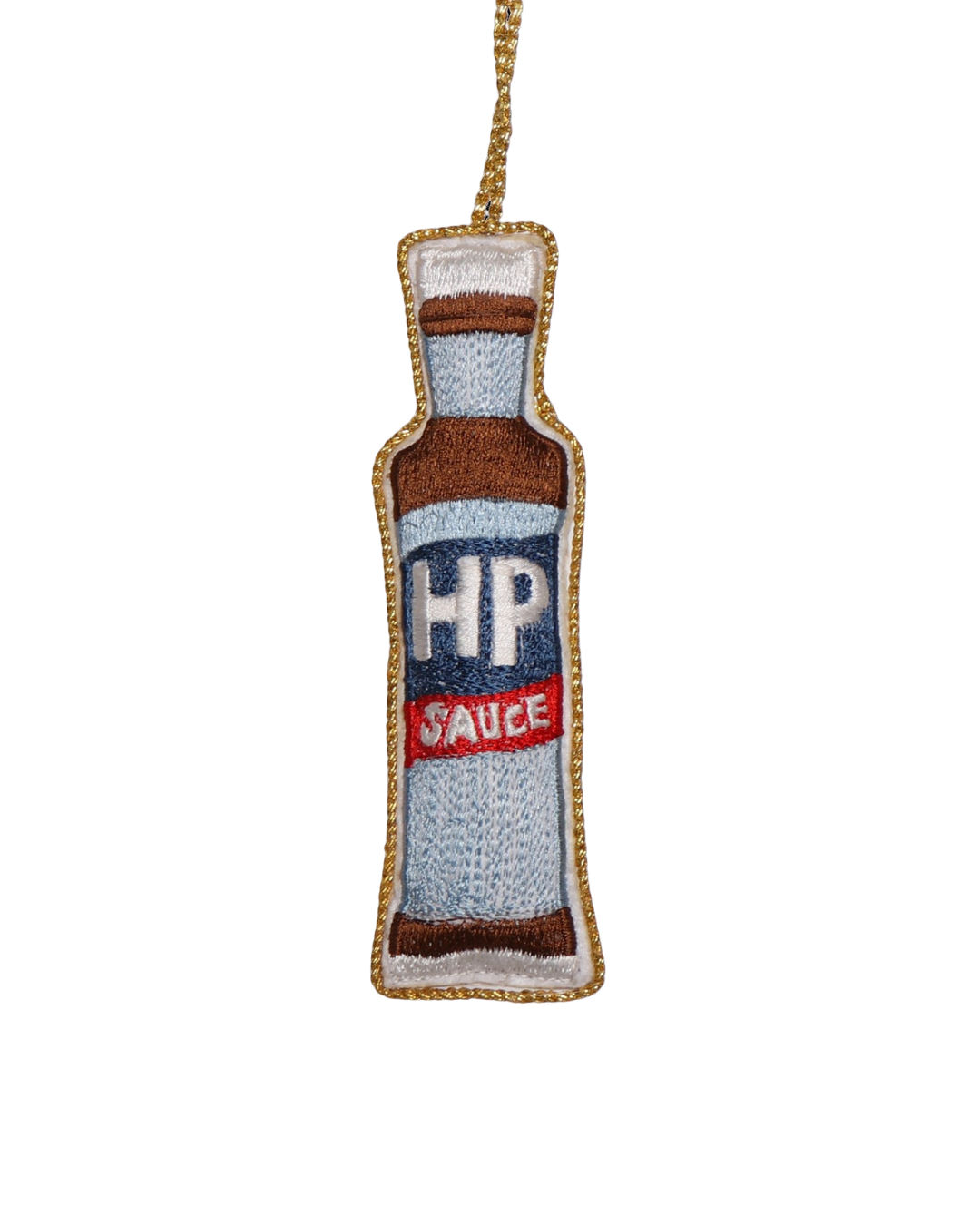 Handmade HP Sauce Embroidered Christmas Decoration, 10 cm, ideal for Christmas trees, foodie gifts, and festive décor