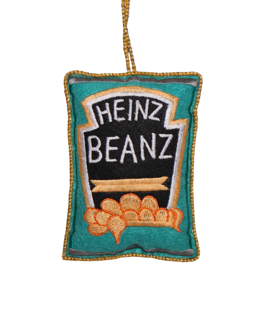 Handmade Heinz Beanz Embroidered Christmas Decoration, 10 cm, sustainable, foodie-themed ornament for Christmas trees and festive décor