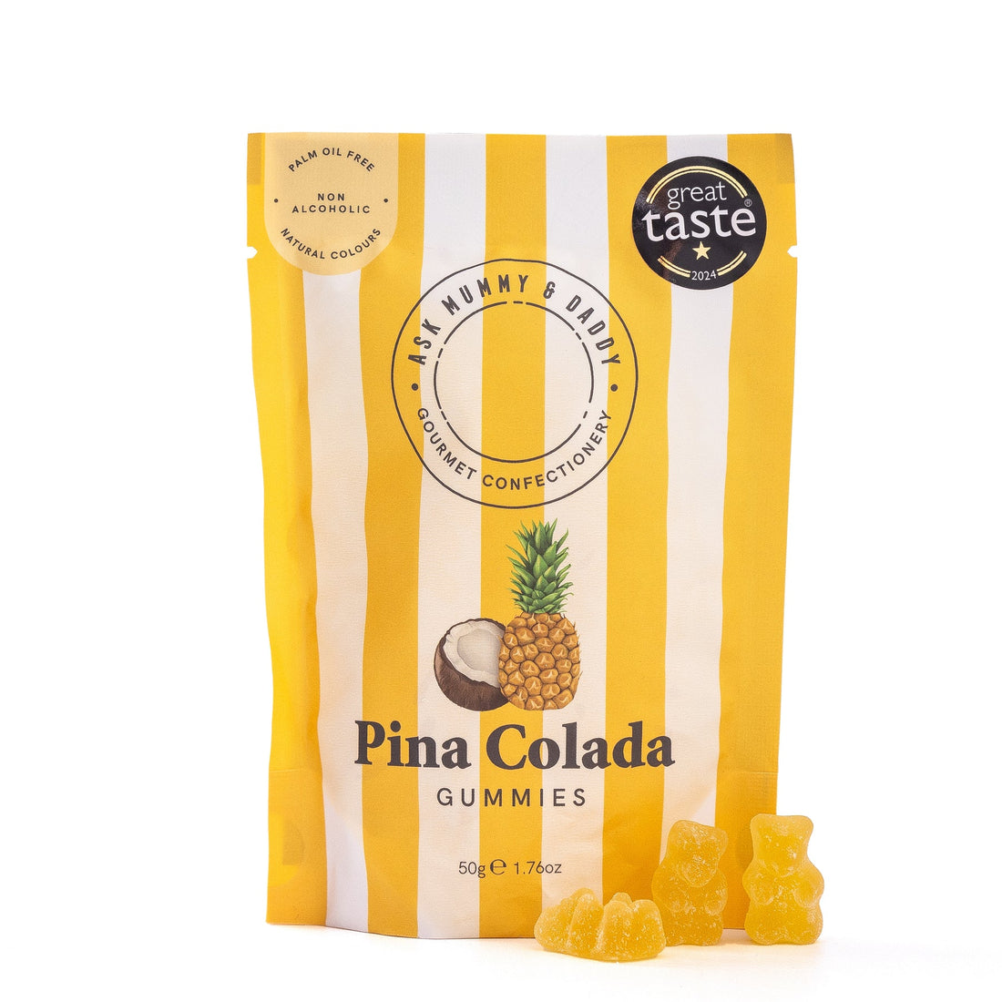 Pina Colada gummies packaging with pineapple and coconut graphics on a yellow and white striped background.