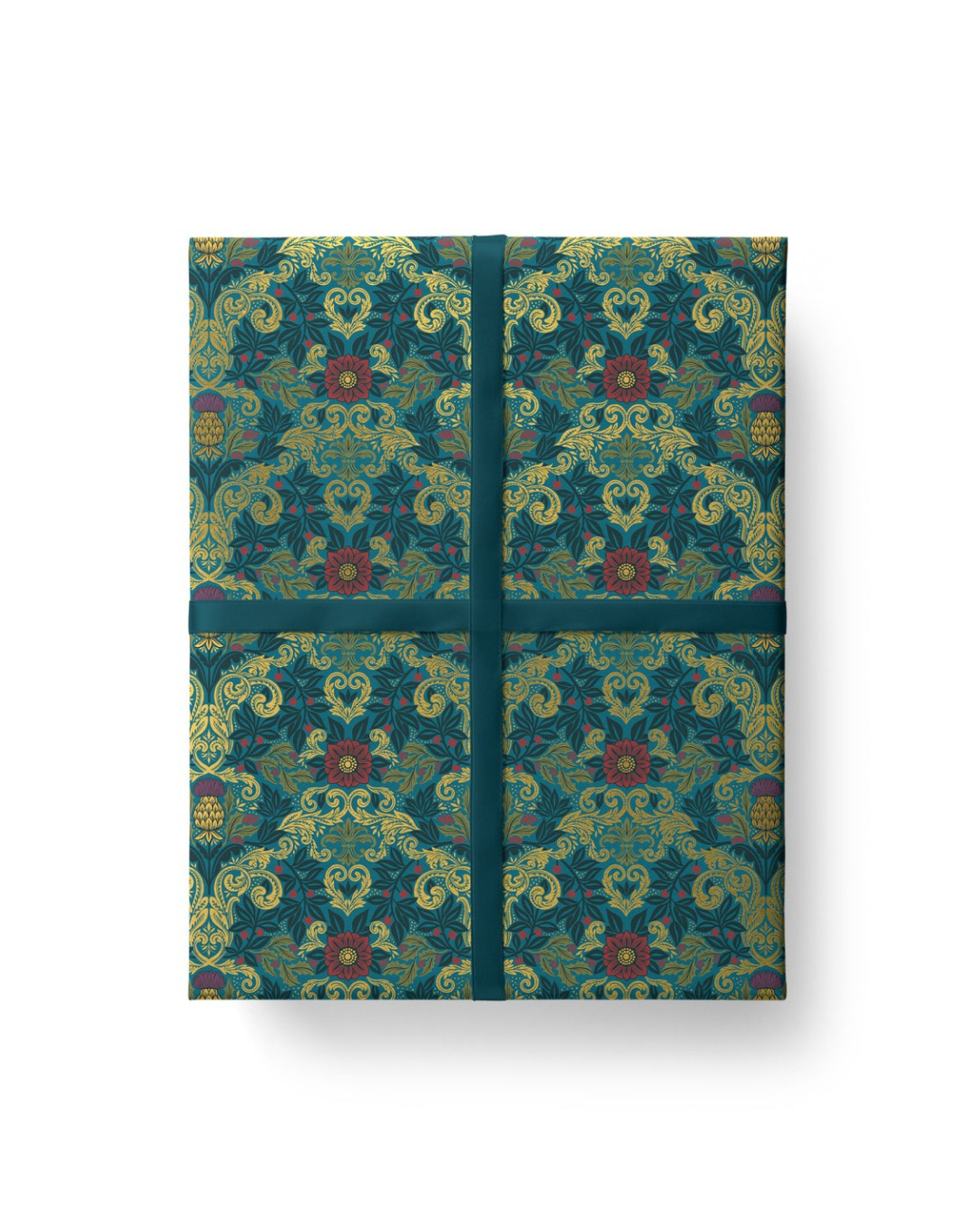 Elegant Christmas gift wrap with botanical design and gold foil accents