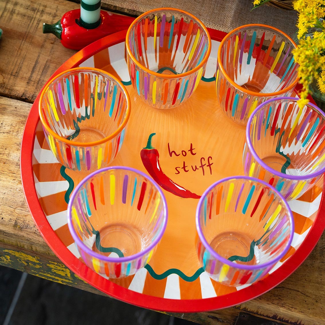 Hot Stuff Chilli Tray 30cm tin tray with bold red chilli design serving colorfull glasses